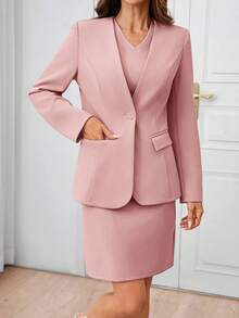 SHEIN Clasi Women's Autumn/Winter Fashion Commuter Jacket & Dress Blue Suit Set