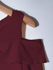 GlowEve 女式纯色单排扣露肩长袖罗纹T恤 - 酒紅色 - 查看 3