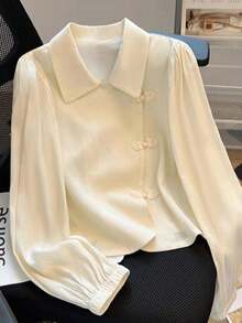 Franclia 新款复古雪纺翻领泡泡袖女衬衫 - 杏色 - 查看 1