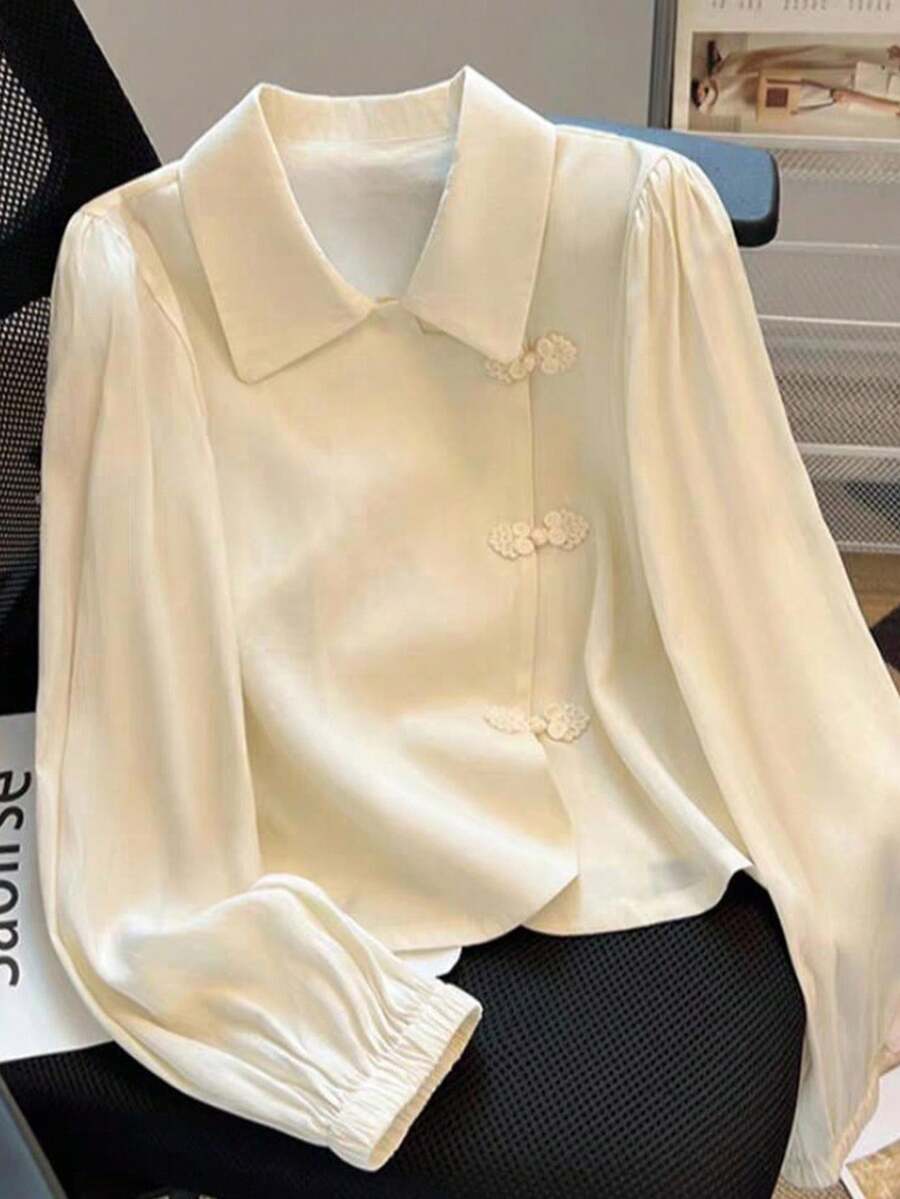 Franclia 新款复古雪纺翻领泡泡袖女衬衫 - 杏色 - 查看 1