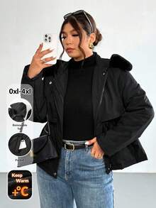 Firerie Manteau long rembourré à col amovible, doublure thermique super épaisse, pour le travail et les sorties, grande taille. Veste en coton à capuche, col en fourrure, manches longues, taille resserrée par cordon, poches en peluche, pour l'automne/l'hiver. - Noir - Voir 3