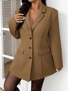 SHEIN Frenchy Plus Size Solid Color Front Button Belted Elegant Long Sleeve Blazer Jacket,Winter - Khaki - View 5