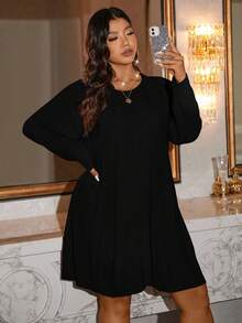 SHEIN LUNE Plus Size Solid Color Round Neck Casual Versatile Long Sleeve Sweater Dress - Black - View 7