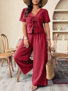 EMERY ROSE 大码休闲宽松纯色短袖T恤和裤子2件套女套装两件套女套装裤子2件套休闲套装女裤套装夏季套装大码两件套裤子套装 - 酒紅色 - 查看 4