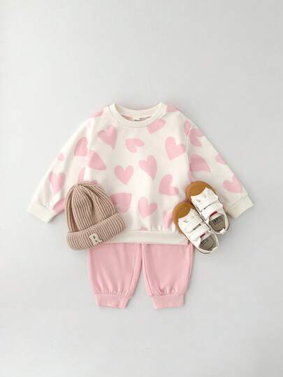 THE HAPPY LOOK 2pcs/Set Young Girl Heart Pattern Knit Soft Crew Neck Long Sleeve Pullover Sweatshirt And Elastic Waist Jogger Pants