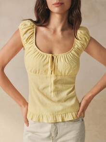 Cévolie 女式纯色方领前系带休闲衬衫 - 黃色 - 查看 5