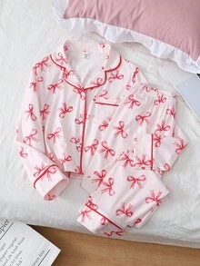 2pcs Girls Cute Bow Print Cardigan And Pants Comfortable Pajama Set - Multicolor - View 7