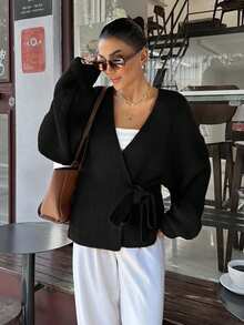 EURMUSE Women's Lace-Up Casual Cardigan, Plus Size - Black - View 3