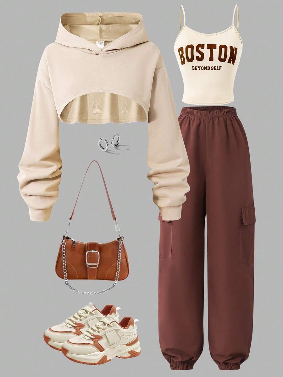 SHEIN Sparklyn 3 件套青少年女孩初秋短款连帽衫、字母印花吊带背心和工装慢跑裤，时尚休闲街头风格