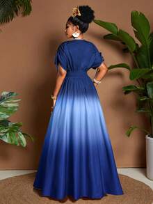 Eryvara 女士优雅浪漫渐变印花领结 V 领 A 字长裙，百搭设计，适合外出、海滩、音乐节、婚礼宾客毕业装商务休闲波西米亚风抽绳领结松紧腰度假旅行春夏秋季 A 字长裙 - 藍色 - 查看 2