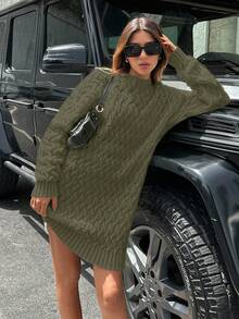 EURMUSE Cable Pattern Solid Color Casual Versatile Long Sleeve Sweater Dress - Army Green - View 3