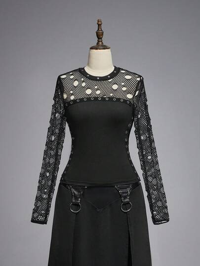 EDITION Gothic Mesh Patchwork Ripped Slim Fit Women Top