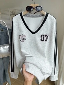 LYSMO 大码休闲街头风格赛车服拼布撞色蕾丝花边 V 领图案运动衫女式秋冬装 - 彩色 - 查看 8