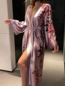 DAZY 女式花卉印花拼布缎面长袍睡衣 - 紫色 - 查看 4