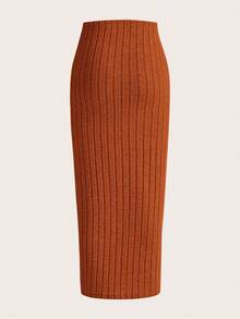 SHEIN Tall CURVE 大码女式纯色罗纹针织铅笔裙 - 鏽棕色 - 查看 2