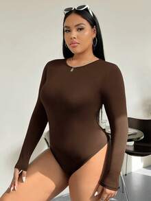 SHEIN PETITE CURVE 大码纯色圆领弹力长袖紧身衣 - 巧克力棕 - 查看 2