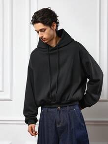 SUMWON Sudadera con capucha minimalista y casual de ajuste boxy para uso diario, con cordón y bolsillo central, prenda básica esencial de streetwear para otoño e invierno - Negro - View 5