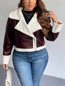 SHEIN Privé Plus Size Fashionable Windproof PU Leather Teddy Fleece Lining Contrast Color Short Loose Fit Women Black Jacket, Autumn/Winter
