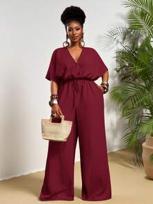 Veslaya 2025 Autumn & Winter New Arrivals, Women's Fall/Halloween/Winter Clothes, Plus Size, Music Festival/Halloween Outfits, Easter, Western, Boho, Birthday Party, Graduation, Student, Casual, Vacation, Cruise, Beach, Sunbathing, Fashionable, Women White Textured Loose Waist Wide Leg Jumpsuit, Plus Size - Burgundy - View 5