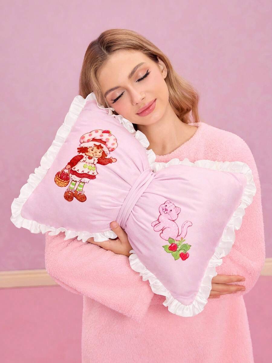 Strawberry Shortcake X SHEIN 1 chiếc gối trang trí hình nơ, chất liệu vải nhung mềm mại với viền satin, trang trí nhà cửa cho ghế sofa, văn phòng và nhiều nơi khác, ý tưởng quà tặng. - Màu Hồng baby - Xem 1