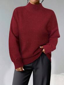 Firerie Sweater Lengan Panjang Kerah Tinggi Minimalis Warna Polos untuk Wanita, Cocok untuk Pakaian Sehari-hari di Musim Gugur/Dingin - Burgundy - View 5