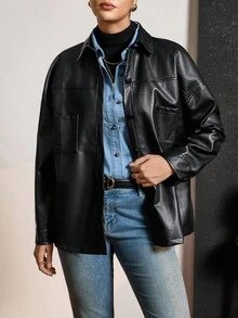 SHEIN LUNE Kurtka damska Street Rock Casual w kolorze czarnym z PU z długim rękawem, plus size, jesienno-zimowa, termiczna na wakacje - Czarne - Zobacz 6