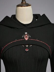 ROMWE Goth 哥特式黑暗女巫服装套装 - 黑色女巫帽、连帽运动衫和露肩连衣裙 - 黑色 - 查看 3