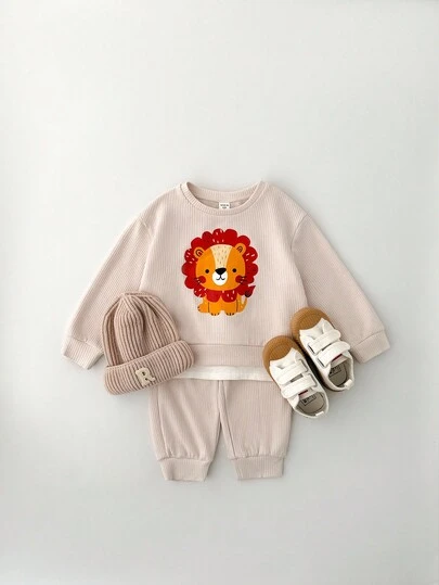 THE HAPPY LOOK 2pcs/Set Young Boy Cartoon Lion Pattern Knit Soft Crew Neck Long Sleeve Pullover Sweatshirt And Elastic Waist Jogger Pants