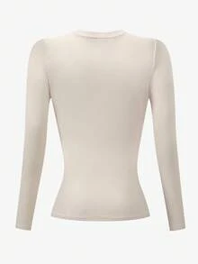 INAWLY Áo thun cổ tròn tay dài ôm sát cỡ lớn cho nữ màu kaki - Màu Khaki - Xem 2