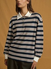 Nöista 长袖 Polo 衫风格上衣，带有横向海军蓝、奶油色和栗色条纹以及白色撞色领子；柔软针织带来学院风氛围，非常适合秋季穿着，冬季舒适分层穿着，适合休闲万圣节、圣诞节或新年活动。 - 彩色 - 查看 4