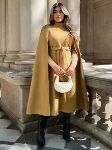 Xyvia 女式立领斗篷设计长款休闲户外复古羊毛外套，适合日常穿着，秋冬 - 卡其色 - 查看 4