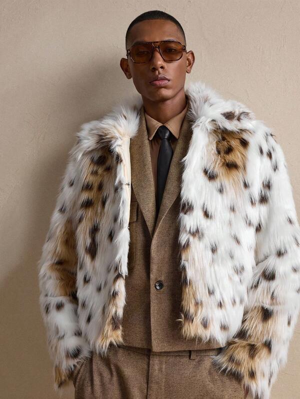 AKNOTIC Men's Retro Color Block Faux Fur Coat, Fashionable For Autumn/Winter, Christmas