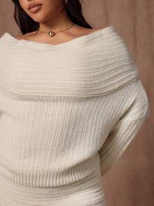 Rustia Off-Shoulder Knit Sweater + Ruffle Hem Mermaid Skirt, European And American Style, Casual Autumn/Winter Knit Maxi Skirt Set Cream Knit Maxi Skirt Set Knit Two Piece Set Cream Two Piece Set Off Shoulder Knit Set - Apricot - View 6