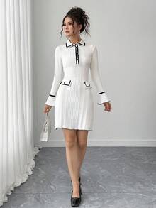 Teen Girl Fitted Waist Uneven Ribbed White Elegant Commuter Knit Fabric Comfortable Cocktail Party Dress - White - View 6