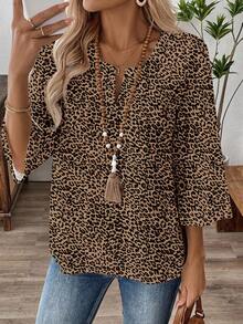 EMERY ROSE Áo cánh tay 3/4 cổ chữ V họa tiết da báo giản dị dành cho nữ, phù hợp cho mùa xuân và mùa thu - màu nâu - Xem 5