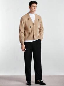 Manfinity Homme Áo khoác cardigan nam thời trang thu đông mới có mặt dây chuyền kim loại cao cấp - Màu Khaki - Xem 7