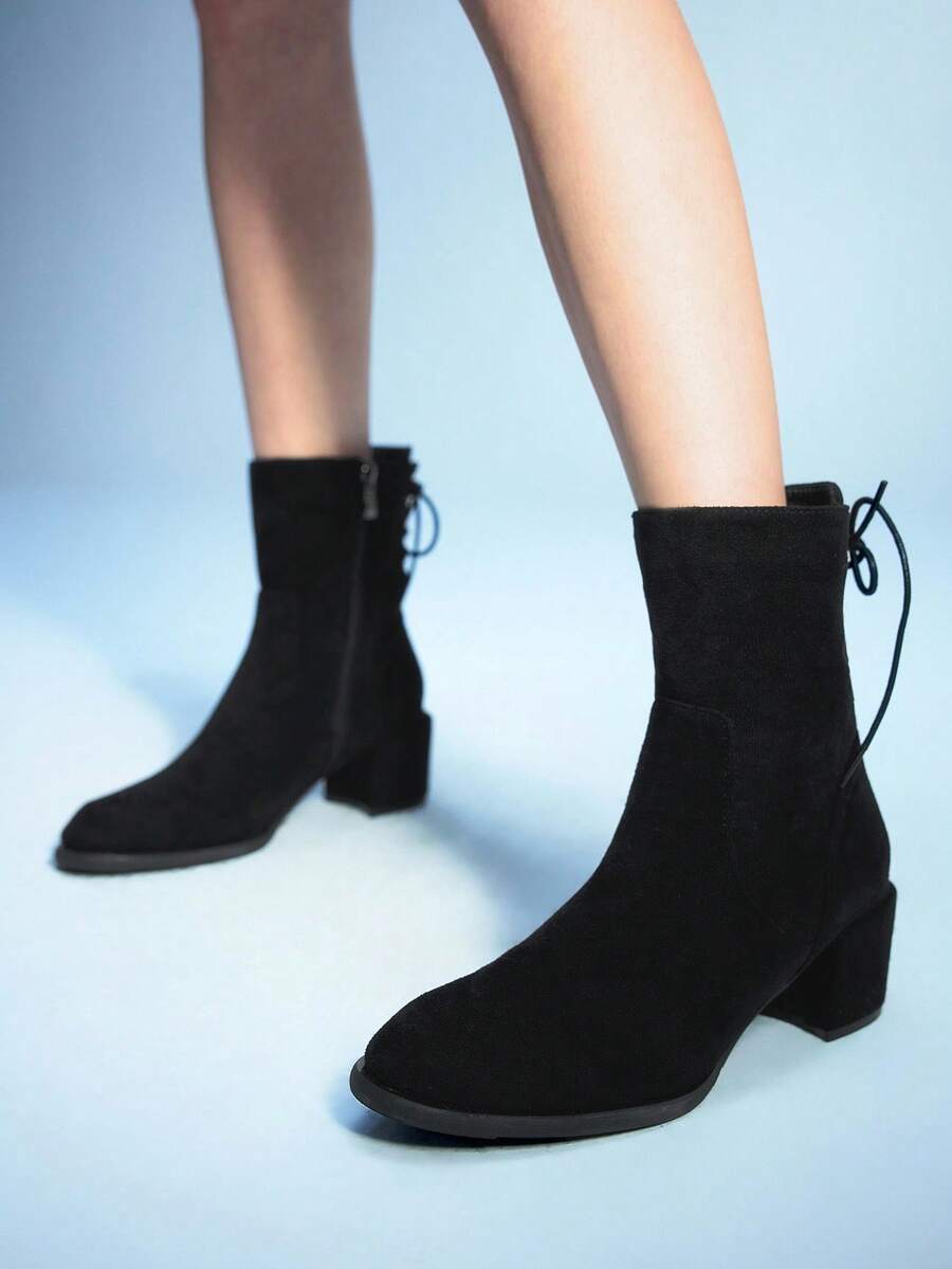 Sugerpunk Brown Vintage Pointed Toe Chunky Heel Lace-Up Side Zipper Mid-Calf Boots - Black - View 1