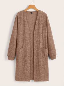EMERY ROSE Plus Size Casual Ribbed Dual Pocket Front Cardigan, Autumn Fall Clothes Plus Size Plus Size Cardigan Plus Size Winter Clothes Fall Clothes For Women Brown Cardigan - Khaki - View 6