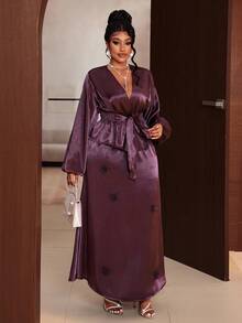 Maweii Plus Size Ladies Elegant Party Solid Color Elegant Delicate Long Sleeve Two-Piece Set - Purple - View 4