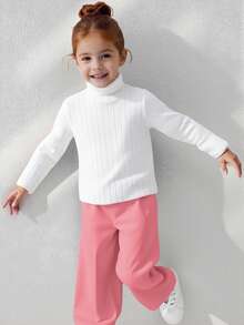 SHEIN Áo thun tay dài vải dệt kim cổ cao đơn giản cho bé gái, thích hợp cho mùa thu đông - trắng - Xem 3