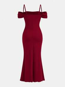 SHEIN 青少年女孩优雅串珠露肩细肩带合身褶饰美人鱼长款派对连衣裙，儿童正式连衣裙，红色圣诞/万圣节连衣裙 - 酒紅色 - 查看 2