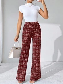 SHEIN Tall CURVE Quần dệt kim co giãn họa tiết kẻ caro thanh lịch dành cho nữ cỡ lớn mùa hè, phù hợp cho nhiều dịp khác nhau, thích hợp cho kỳ nghỉ hè, du lịch thanh lịch và đi làm hàng ngày - Màu Đỏ Sâu - Xem 7