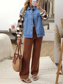 EMERY ROSE Women's Casual Fluffy Patchwork Button Denim Jacket Women's Winter Jacket - Blue - View 8