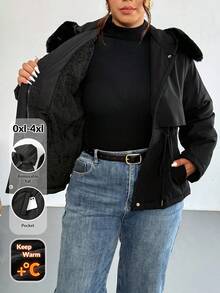 Firerie Manteau long rembourré à col amovible, doublure thermique super épaisse, pour le travail et les sorties, grande taille. Veste en coton à capuche, col en fourrure, manches longues, taille resserrée par cordon, poches en peluche, pour l'automne/l'hiver. - Noir - Voir 1