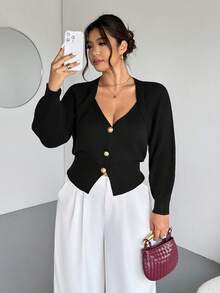 Firerie Plus Size Solid Color Front Button Long Sleeve Casual Knit Cardigan In Fall/Winter - Black - View 8