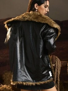 Easelle Women's Fashionable Retro Faux Fur Leather Jacket Reversible Women's Winter Coat Artificial Fur Provides Warmth And Comfort - Black - View 5