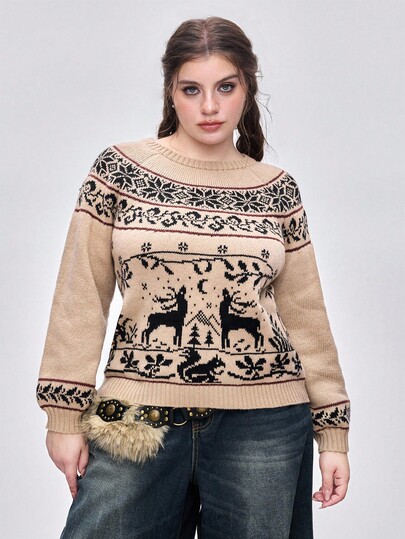 Fairycore Suéter de cuello redondo con estampado de ciervos, talla grande, otoño/invierno
