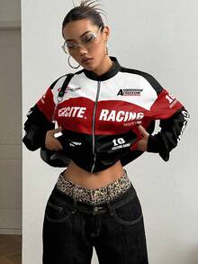 StreetHx Petite 字母印花撞色落肩飞行员夹克，适合新年服装