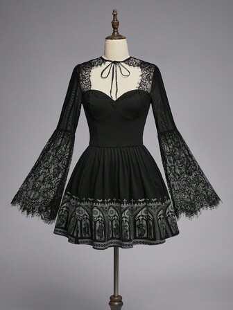 EDITION Gothic Cathedral Stained Glass, Crucifix, Bat Lace Patchwork Backless Mini Dress For Women
