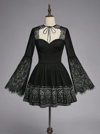 Goth Gothic Cathedral Stained Glass, Crucifix, Bat Lace Patchwork Backless Mini Dress For Women